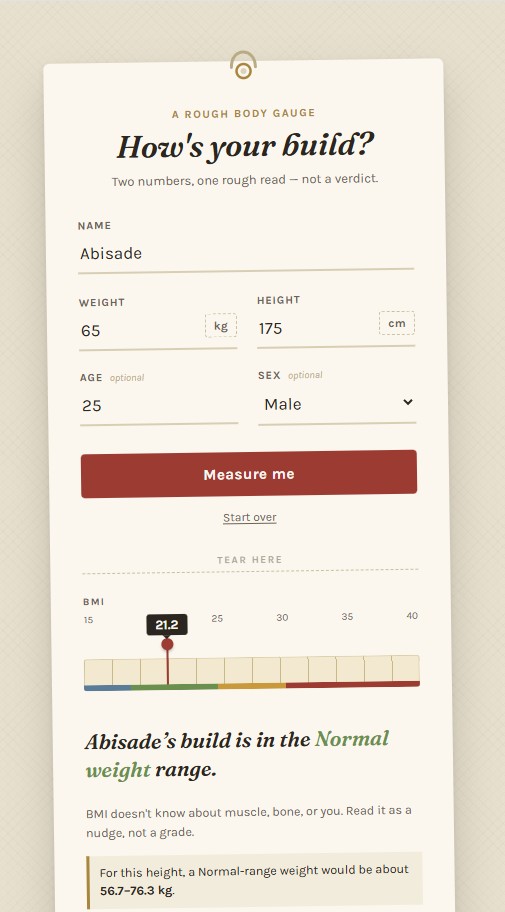 BMI Calculator result card showing a calculated BMI and weight range