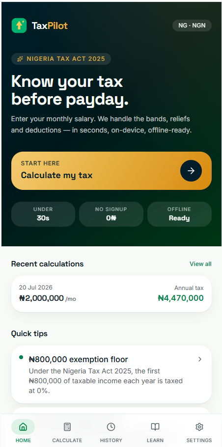 TaxPilot home screen with the tax calculator call-to-action and quick tips